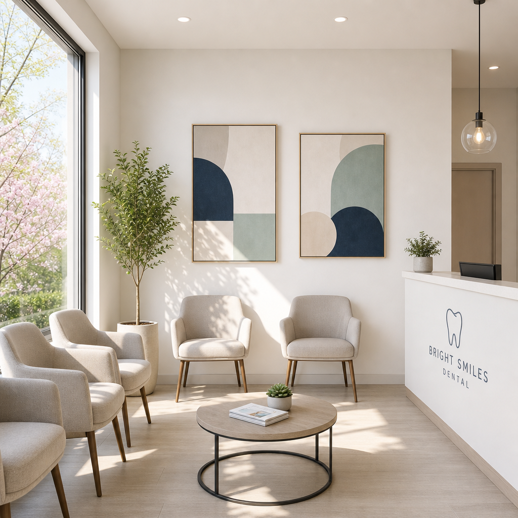 Déco d'une salle d'attente d'un cabinet dentaire minimaliste incluant fauteuils, table basse et cadres
