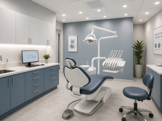 Cabinet dentaire aux tons bleus incluant fauteuil patient, instruments, spots encastrables et plantes