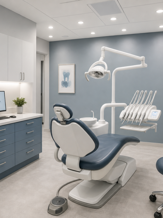Cabinet dentaire aux tons bleus incluant fauteuil patient, instruments, spots encastrables et plantes