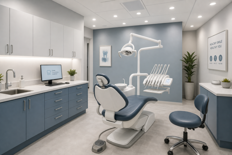 Cabinet dentaire aux tons bleus incluant fauteuil patient, instruments, spots encastrables et plantes
