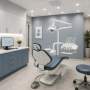 Cabinet dentaire aux tons bleus incluant fauteuil patient, instruments, spots encastrables et plantes