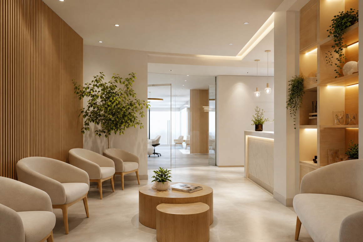 Salle d'attente minimaliste incluant fauteuils, table basse et étagères en bois avec plantes