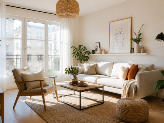 Salon scandinave aménagé avec canapé beige, placé contre un mur, avec fauteuil et table basse en bois