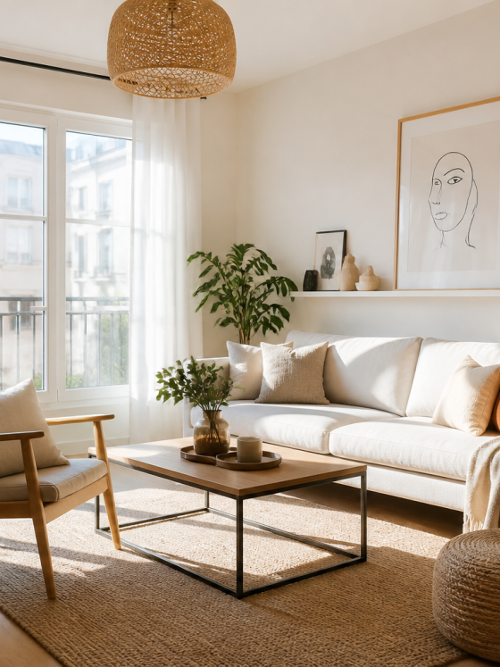 Salon scandinave aménagé avec canapé beige, placé contre un mur, avec fauteuil et table basse en bois