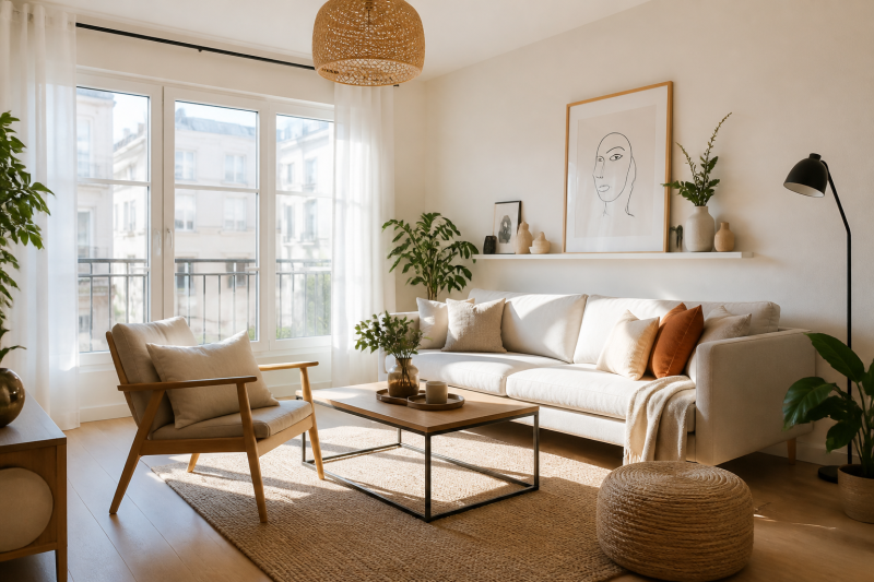 Salon scandinave aménagé avec canapé beige, placé contre un mur, avec fauteuil et table basse en bois