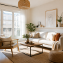 Salon scandinave aménagé avec canapé beige, placé contre un mur, avec fauteuil et table basse en bois