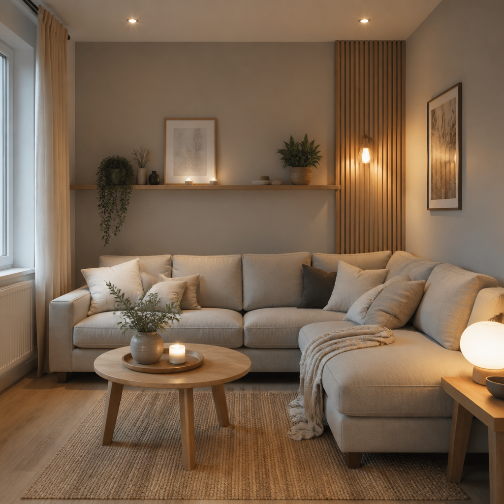 Canapé d'angle avec une table basse en bois incluant plantes et bougies dans un petit salon aux tons beige