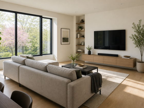 Salon lumineux aménagé avec meuble TV en bois, placé face au canapé, table basse, plantes et tapis