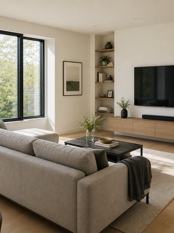 Salon lumineux aménagé avec meuble TV en bois, placé face au canapé, table basse, plantes et tapis
