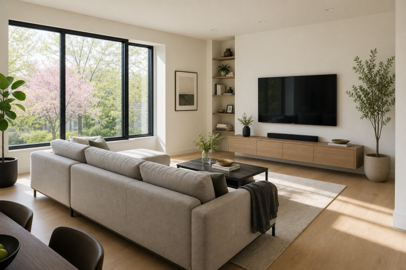 Salon lumineux aménagé avec meuble TV en bois, placé face au canapé, table basse, plantes et tapis