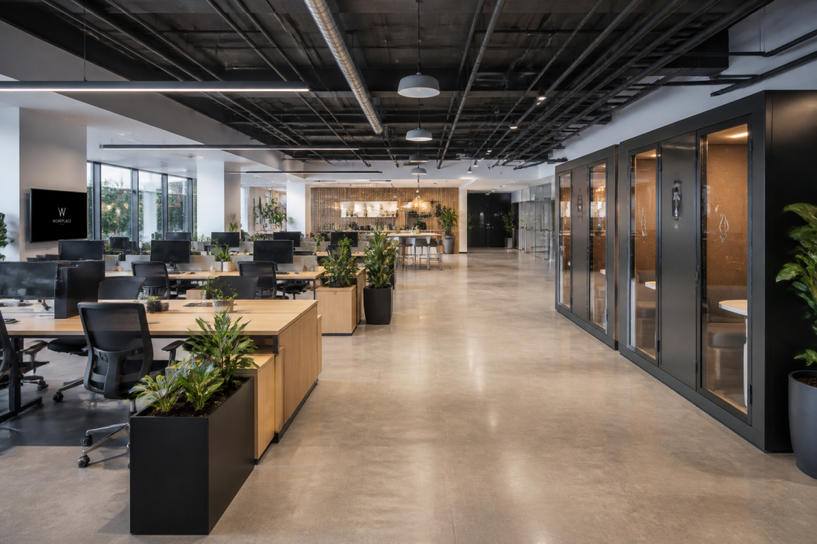 Open space avec cabines vitrées, mobilier en bois, plantes et coin café