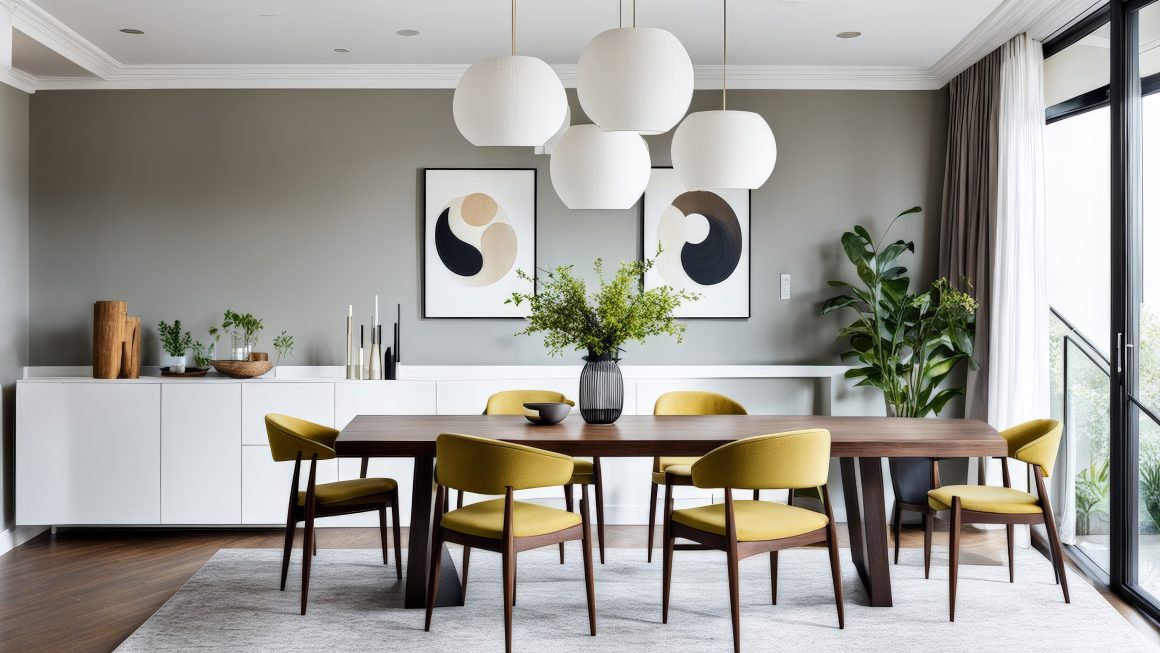 Grande table à manger en bois avec chaises jaunes, luminaires blancs, buffet blanc et plantes