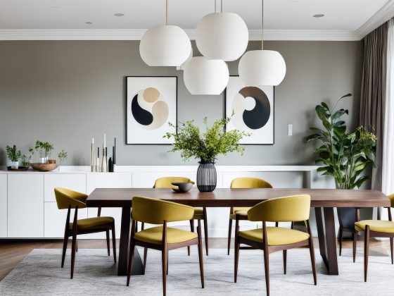 Grande table à manger en bois avec chaises jaunes, luminaires blancs, buffet blanc et plantes