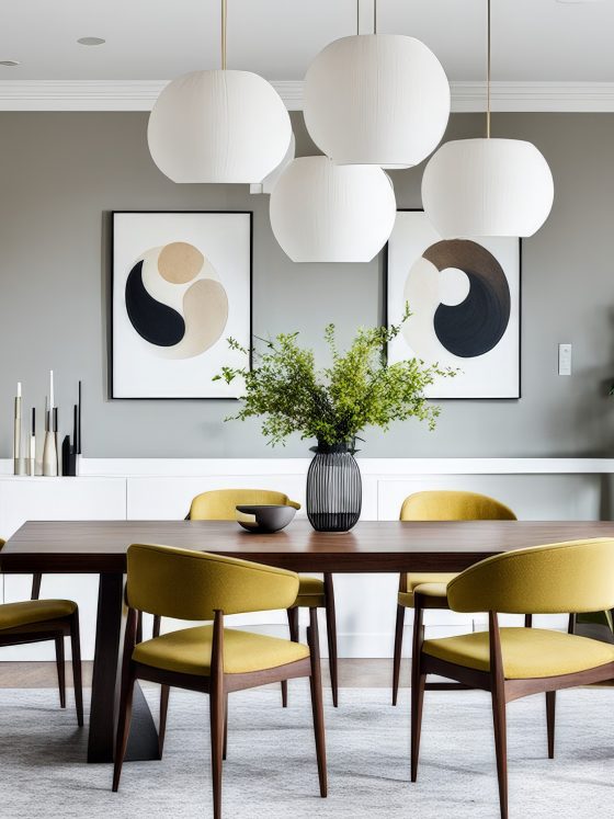 Grande table à manger en bois avec chaises jaunes, luminaires blancs, buffet blanc et plantes