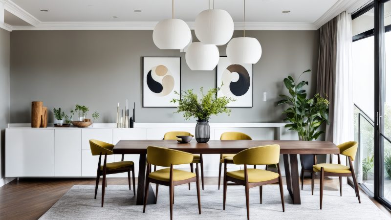 Grande table à manger en bois avec chaises jaunes, luminaires blancs, buffet blanc et plantes