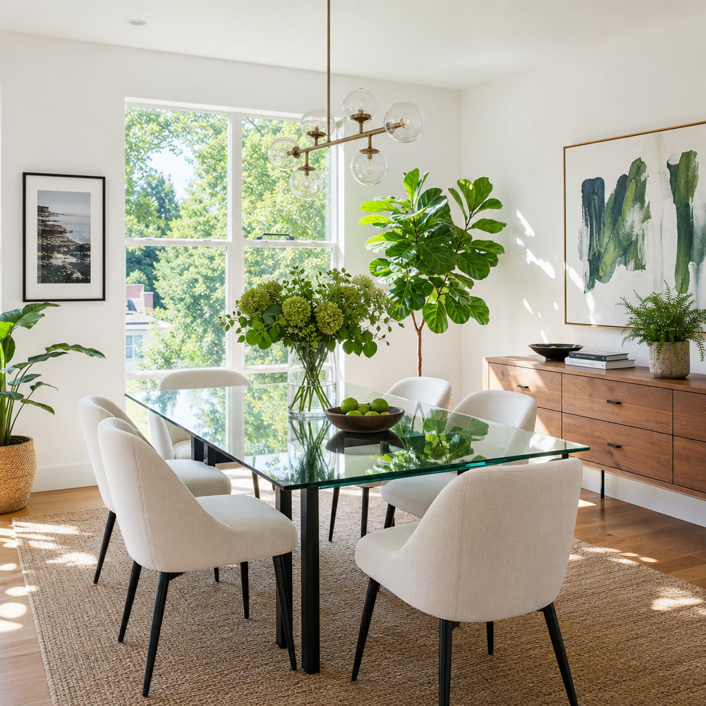 Table à manger en verre avec six chaises crème, plantes, buffet en bois et grand tableau abstrait