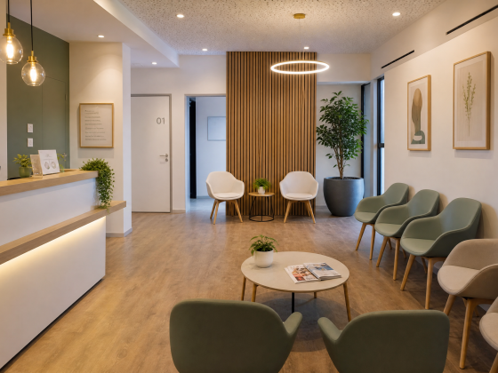 Aménagement salle d'attente d'un cabinet dentaire avec comptoir d'accueil, chaises, plantes et éclairage doux