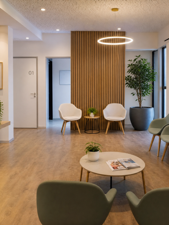 Aménagement salle d'attente d'un cabinet dentaire avec comptoir d'accueil, chaises, plantes et éclairage doux