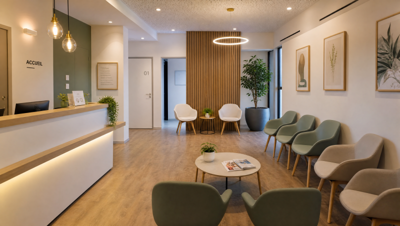 Aménagement salle d'attente d'un cabinet dentaire avec comptoir d'accueil, chaises, plantes et éclairage doux