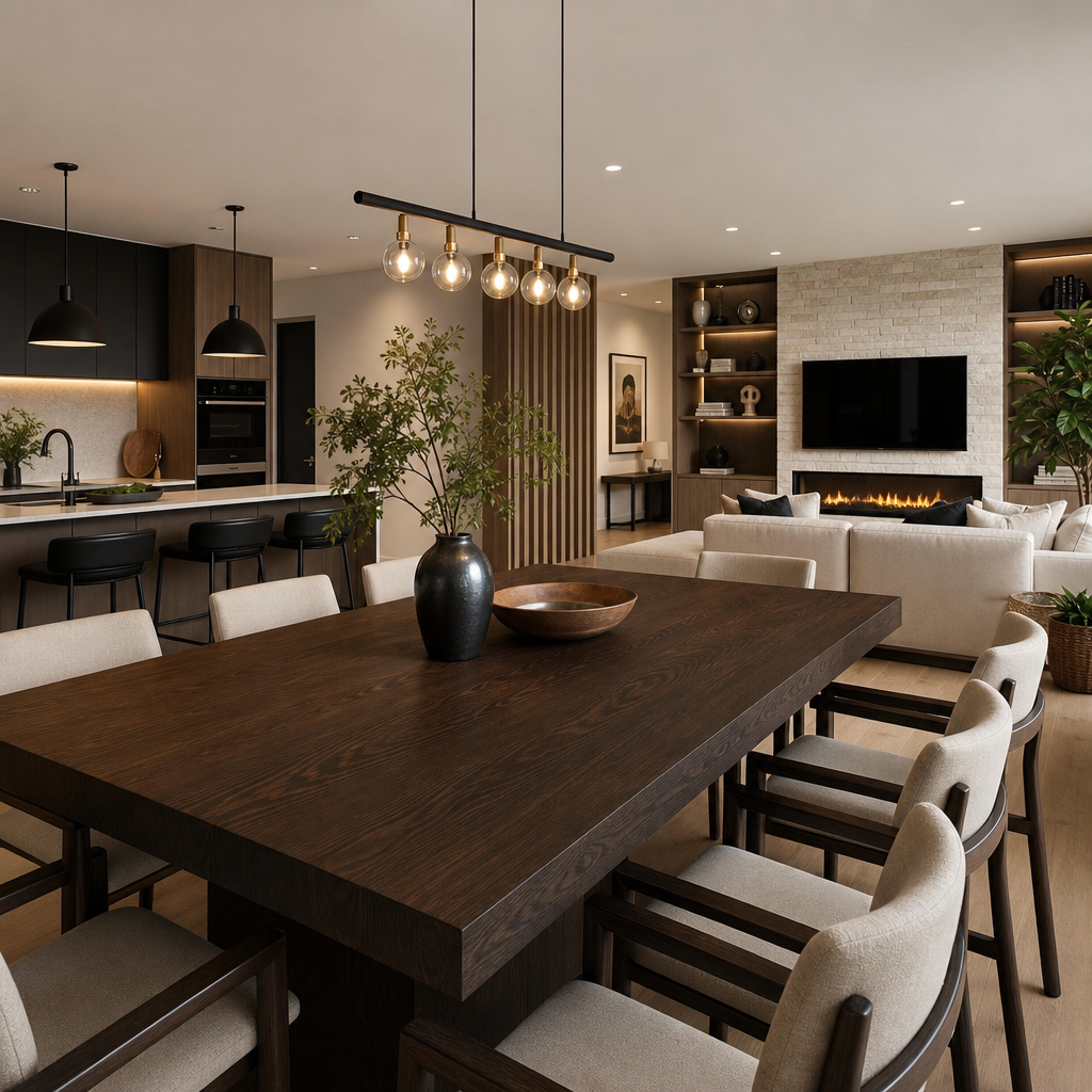 Pièce de vie aux tons chauds incluant grande table en bois sombre, canapé, éclairage suspendu et cheminée
