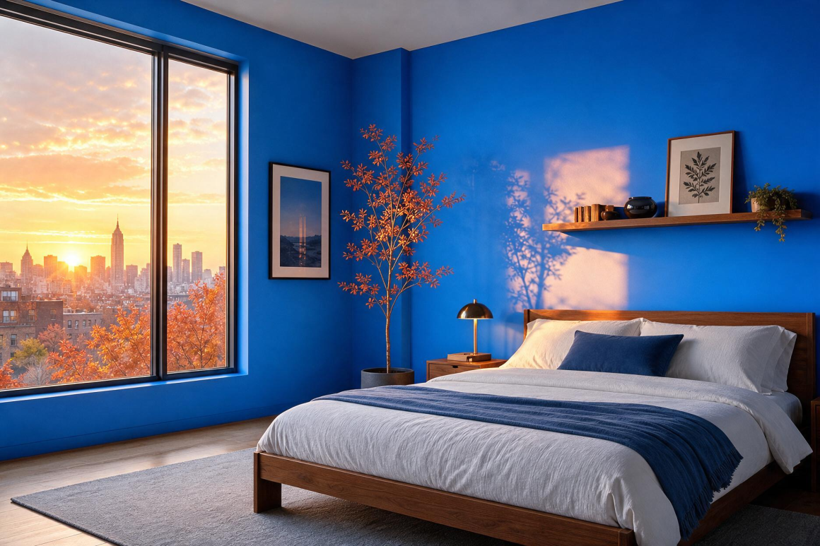 Tendance chambre 2027 aux murs bleus, lit en bois, étagères murale, plantes et grande fenêtre