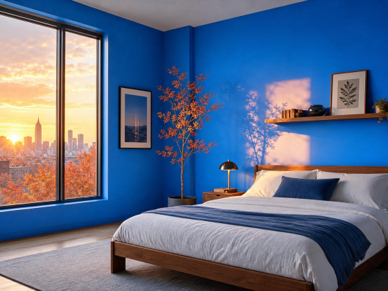 Tendance chambre 2027 aux murs bleus, lit en bois, étagères murale, plantes et grande fenêtre