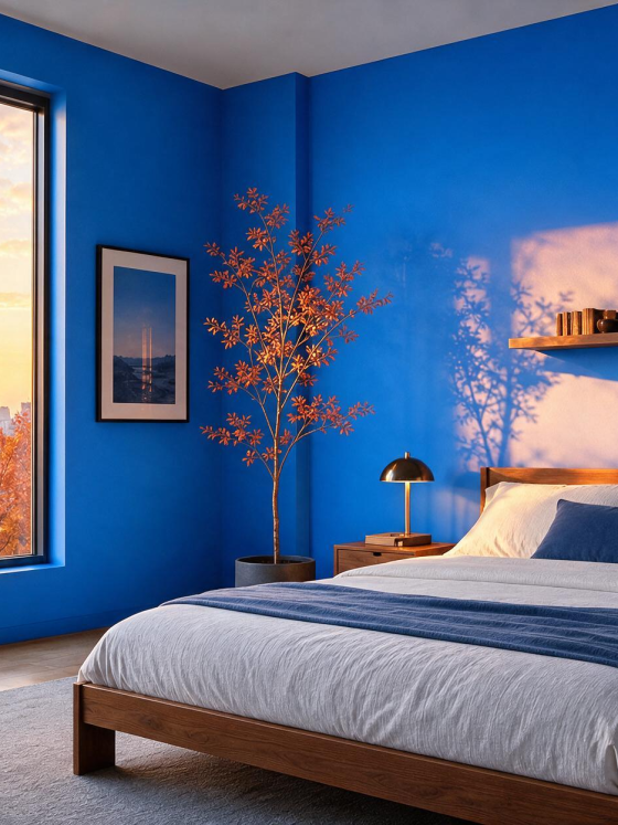 Tendance chambre 2027 aux murs bleus, lit en bois, étagères murale, plantes et grande fenêtre