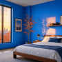Tendance chambre 2027 aux murs bleus, lit en bois, étagères murale, plantes et grande fenêtre
