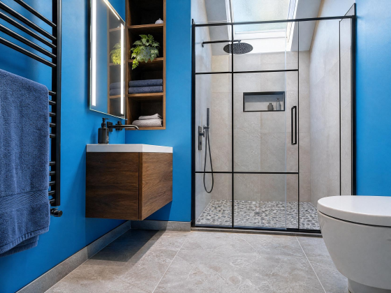 Salle de bain avec peinture bleu lumineux, douche vitrée, meuble lavabo flottant en bois et sol en carrelage gris
