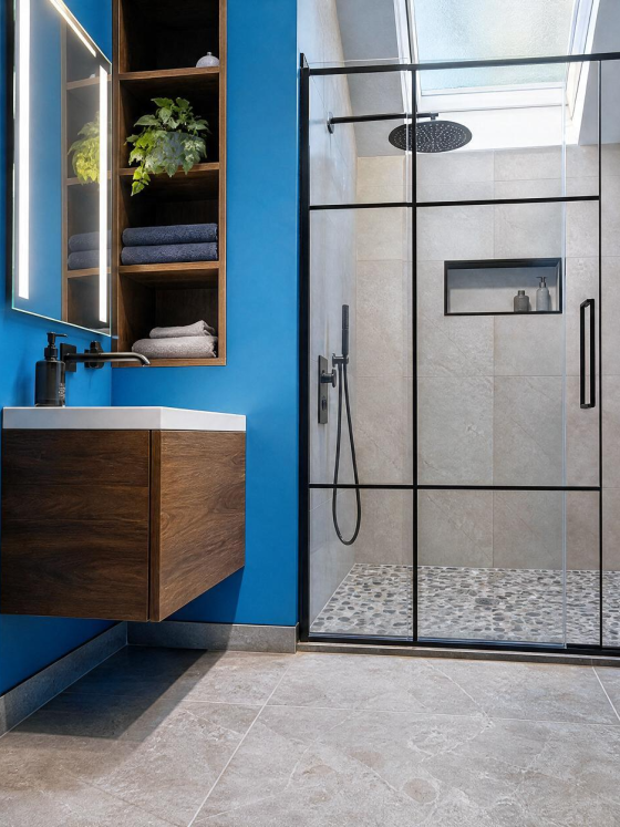 Salle de bain avec peinture bleu lumineux, douche vitrée, meuble lavabo flottant en bois et sol en carrelage gris