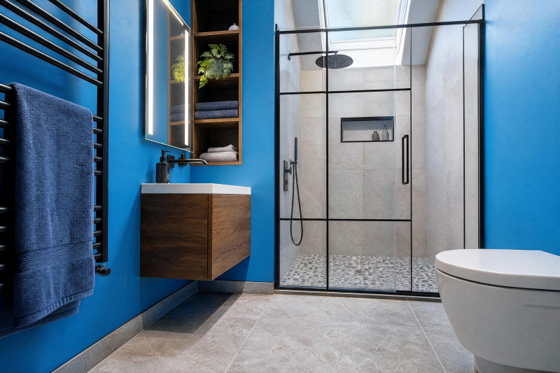Salle de bain avec peinture bleu lumineux, douche vitrée, meuble lavabo flottant en bois et sol en carrelage gris