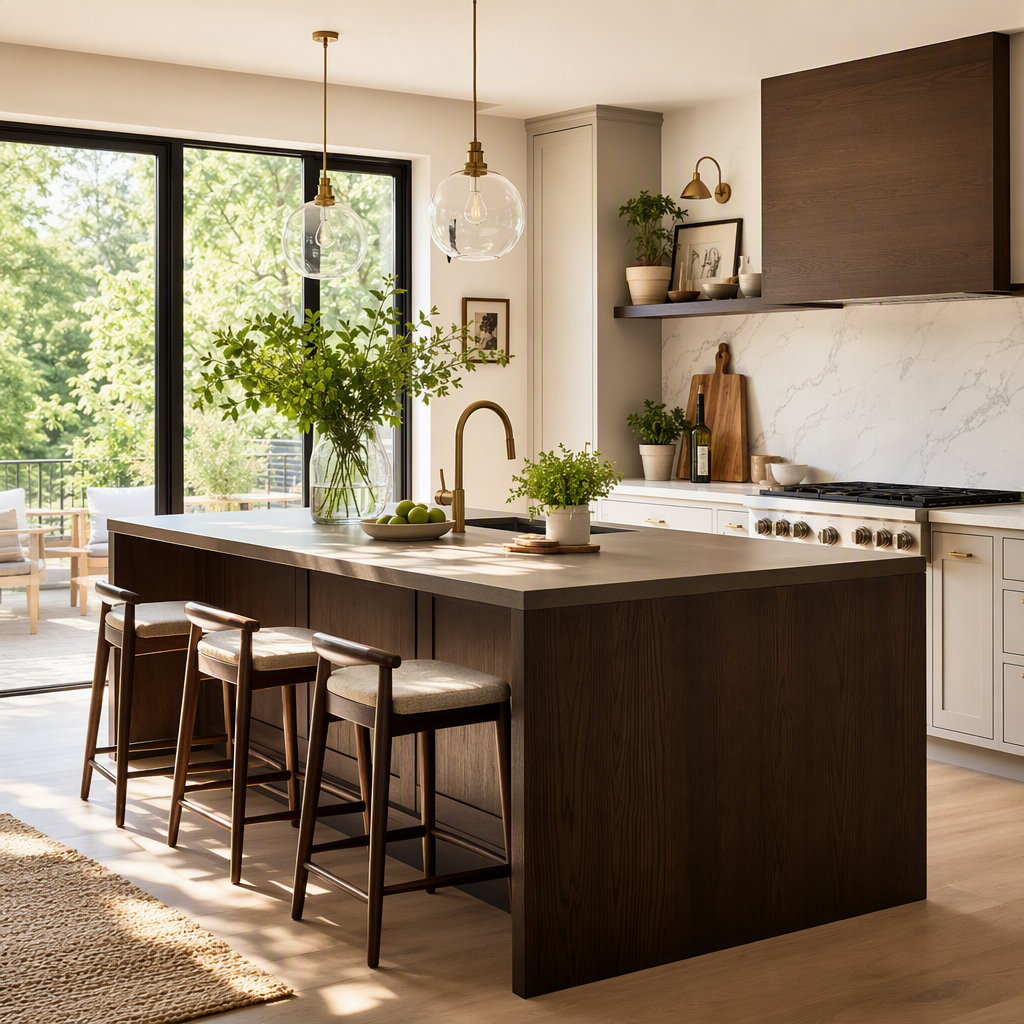 Cuisine aménagée avec îlot central sombre, tabourets en bois, grandes baies vitrées et plantes