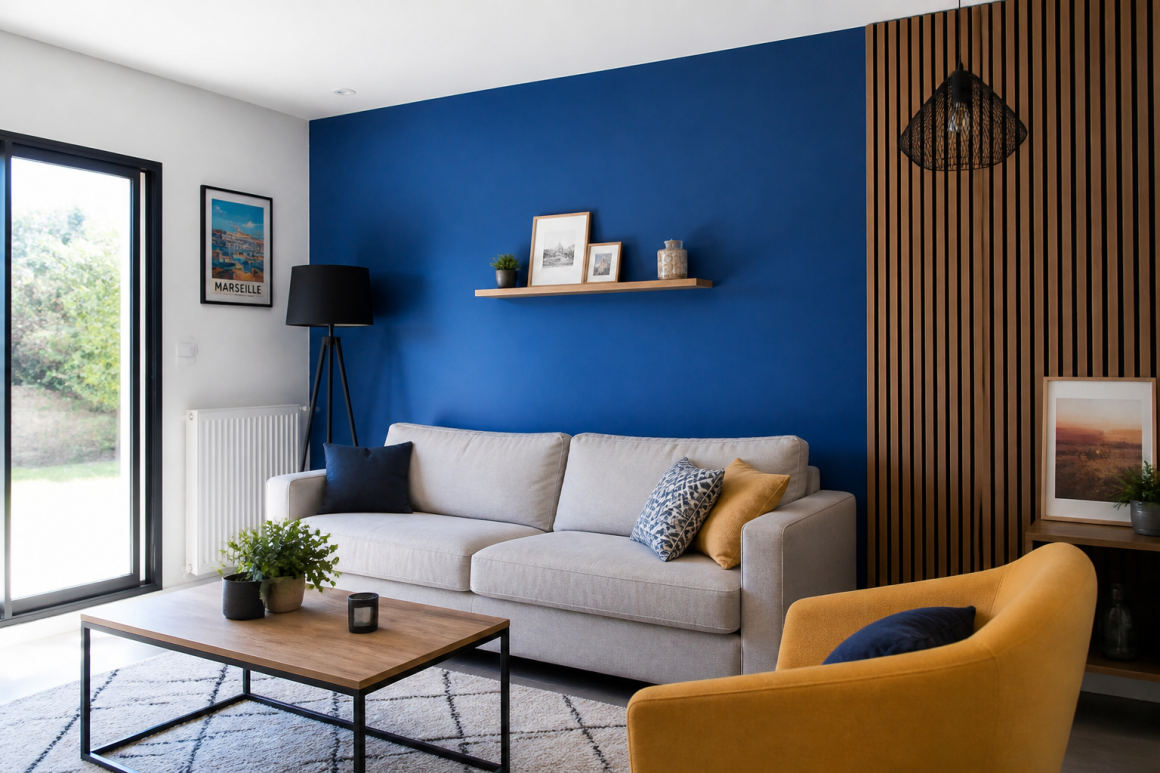 Salon moderne incluant mur bleu profond, canapé beige, fauteuil jaune, table basse en bois, cadres et plantes