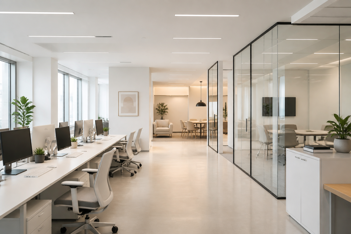 Open space avec postes de travail, plantes et salles vitrées
