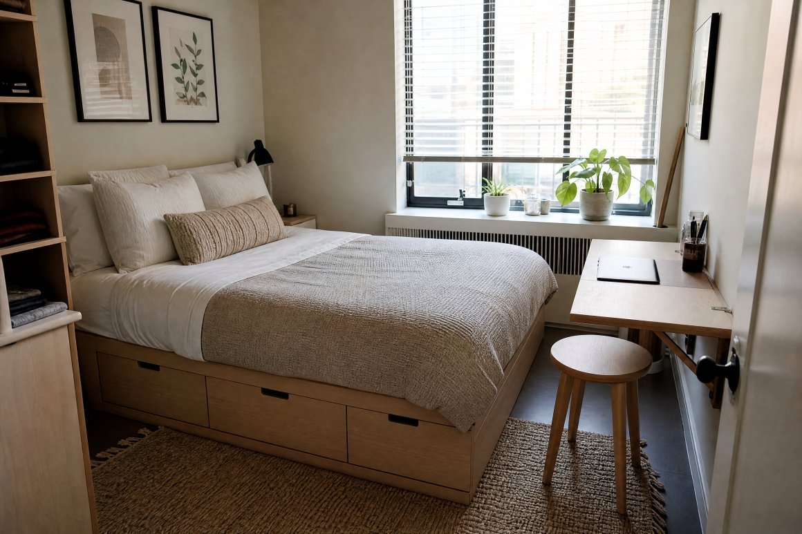 Meubles pour petite chambre : lit avec rangements intégrés, bureau rabattable, petit tabouret en bois et armoire