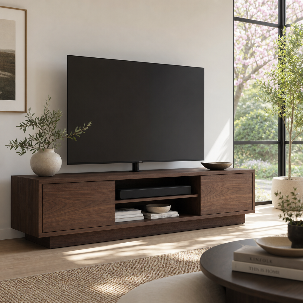 Salon minimaliste : meuble TV en bois foncé, télé grand écran noir, plantes et lumière naturelle