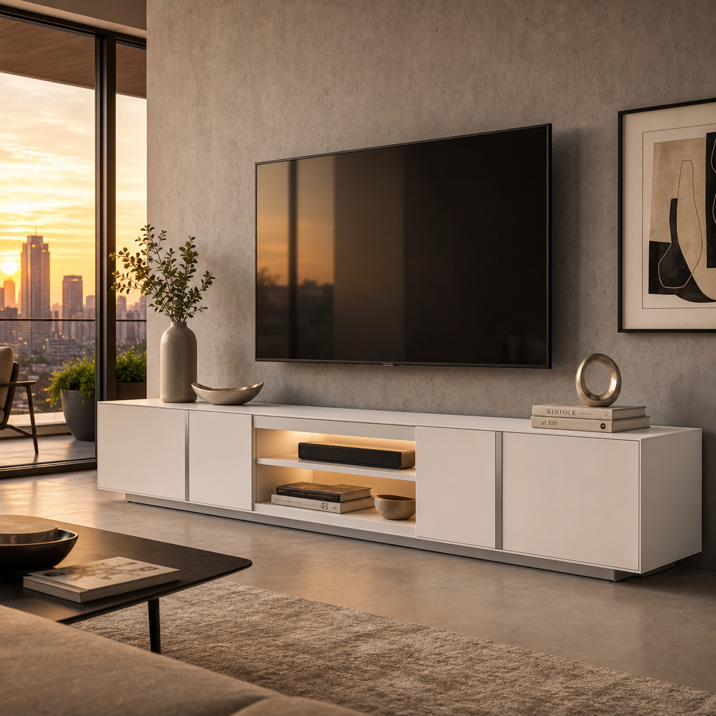 Meuble TV blanc bas incluant un grand télé murale, avec déco minimaliste
