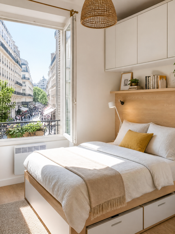 Petite chambre meublée avec bureau compact, chaise, lit avec rangement et étagères murales