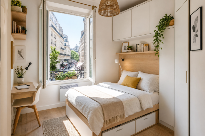 Petite chambre meublée avec bureau compact, chaise, lit avec rangement et étagères murales