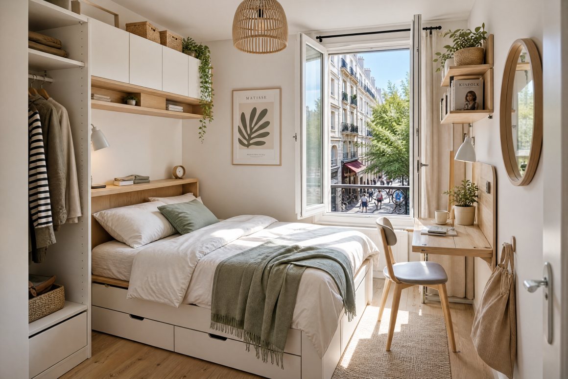 Petite chambre : lit avec rangements intégrés, bureau rabattable, étagères ouvertes et petite armoire