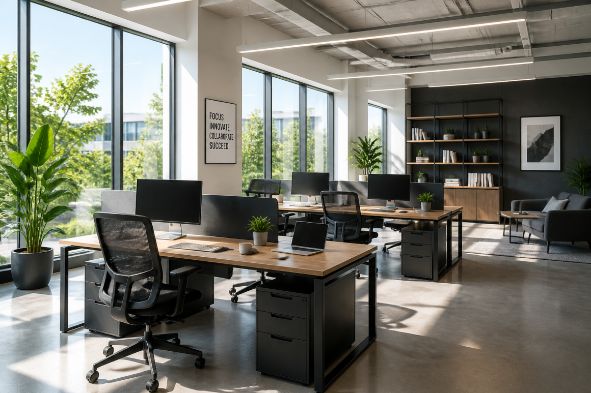 Open space aménagé avec des bureaux en bois, chaises ergonomiques, étagères et plantes