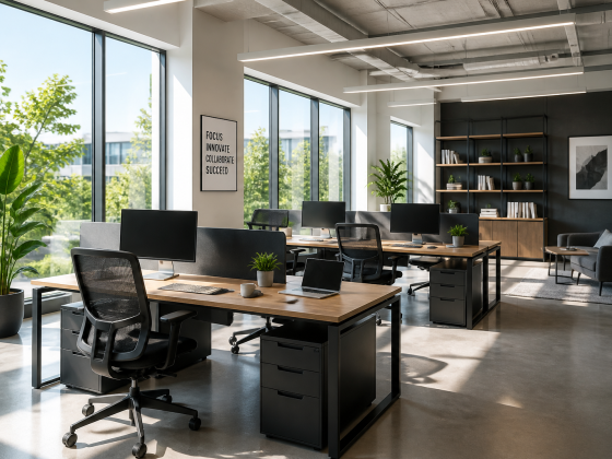 Open space aménagé avec des bureaux en bois, chaises ergonomiques, étagères et plantes
