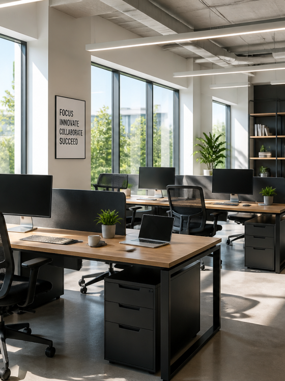 Open space aménagé avec des bureaux en bois, chaises ergonomiques, étagères et plantes