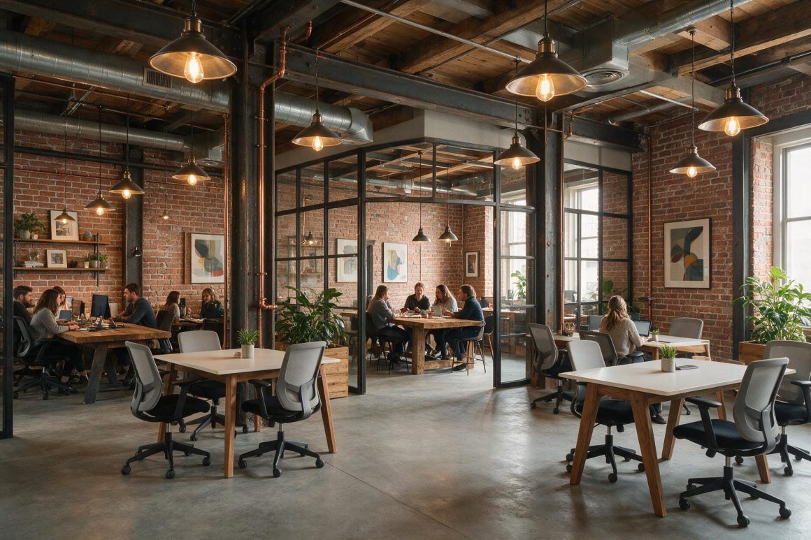 Espace de coworking avec briques apparentes, grandes baies vitrées, bureaux en bois et plantes