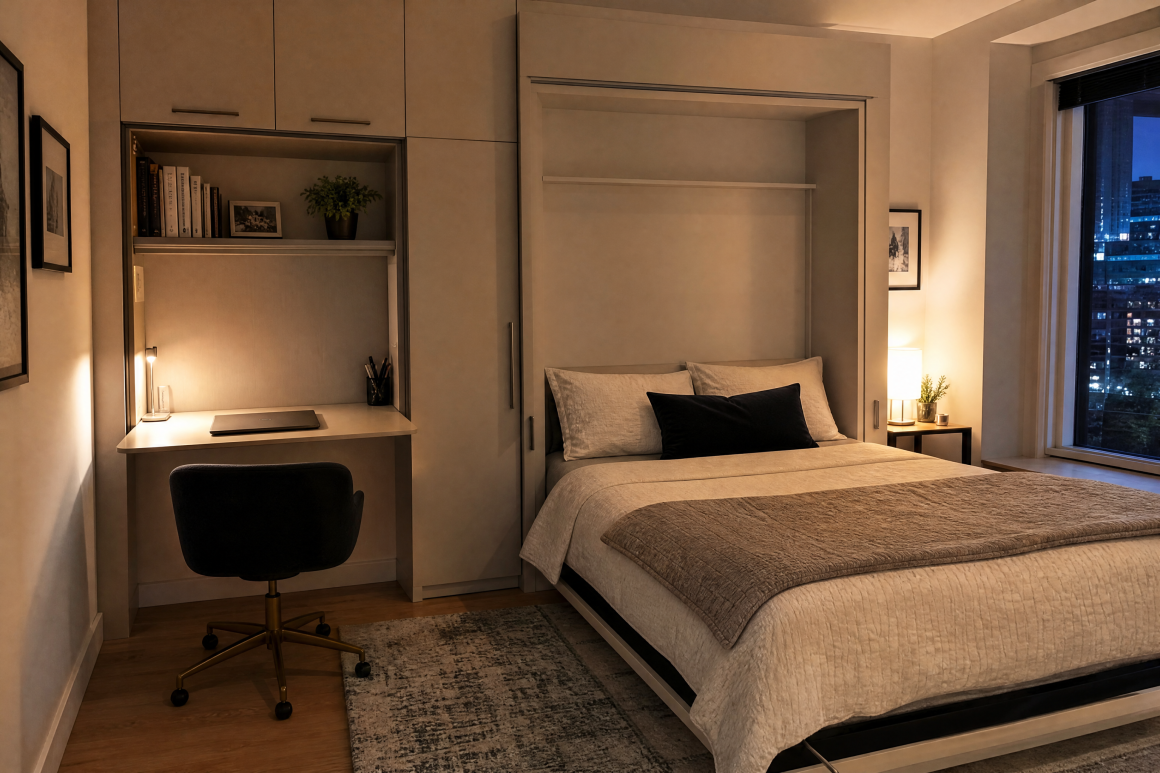 Petite chambre meublée avec lit rabattable, coin bureau intégré, chaise et tapis