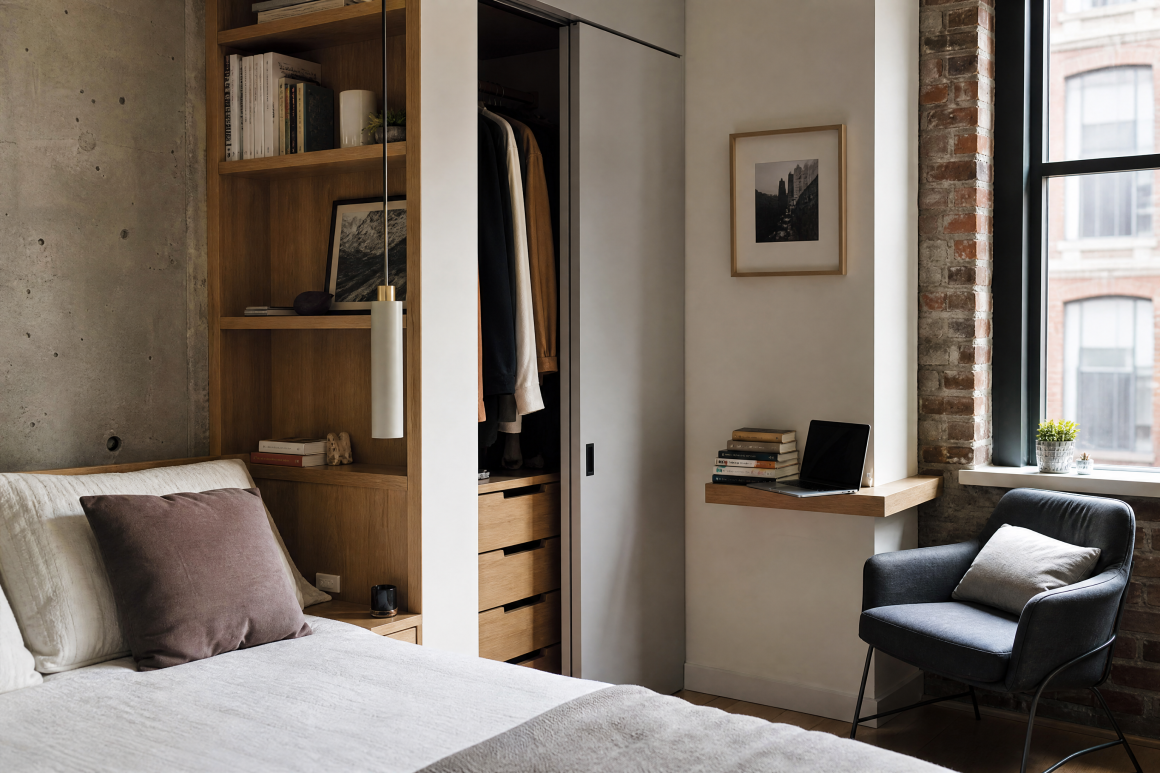 Petite chambre industrielle meublée avec lit, petit fauteuil et étagères de rangement en bois