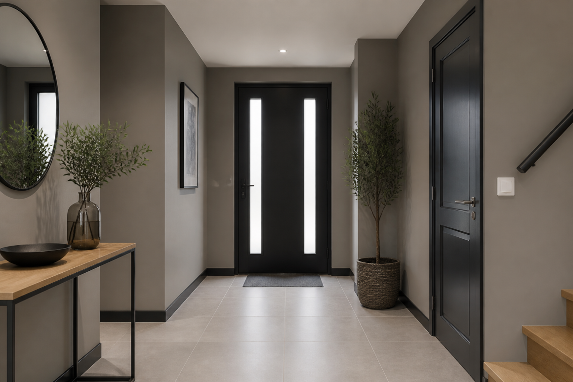 Entrée avec murs peints en gris, incluant des portes noires, miroir, console en bois et plantes