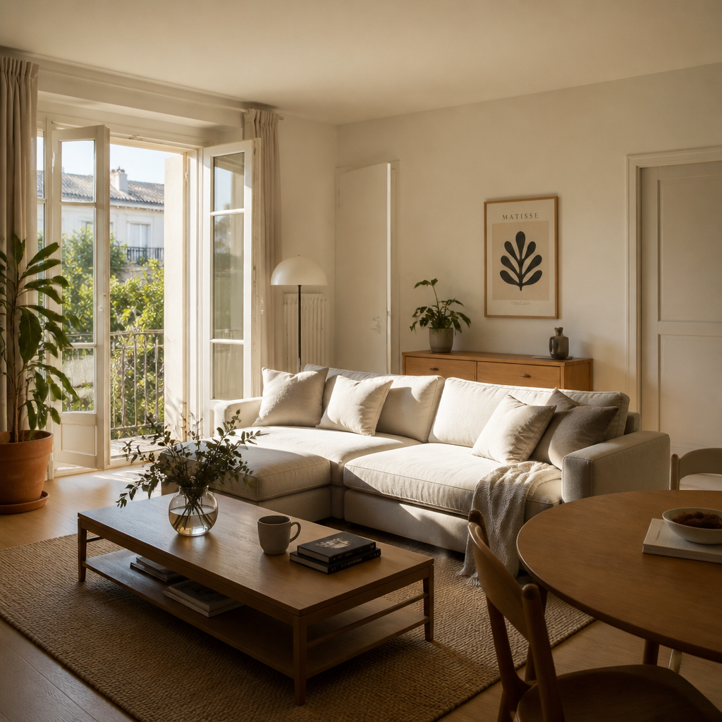 Canapé beige au centre d'un petit salon aménagé avec table basse, commode, plantes et coin repas