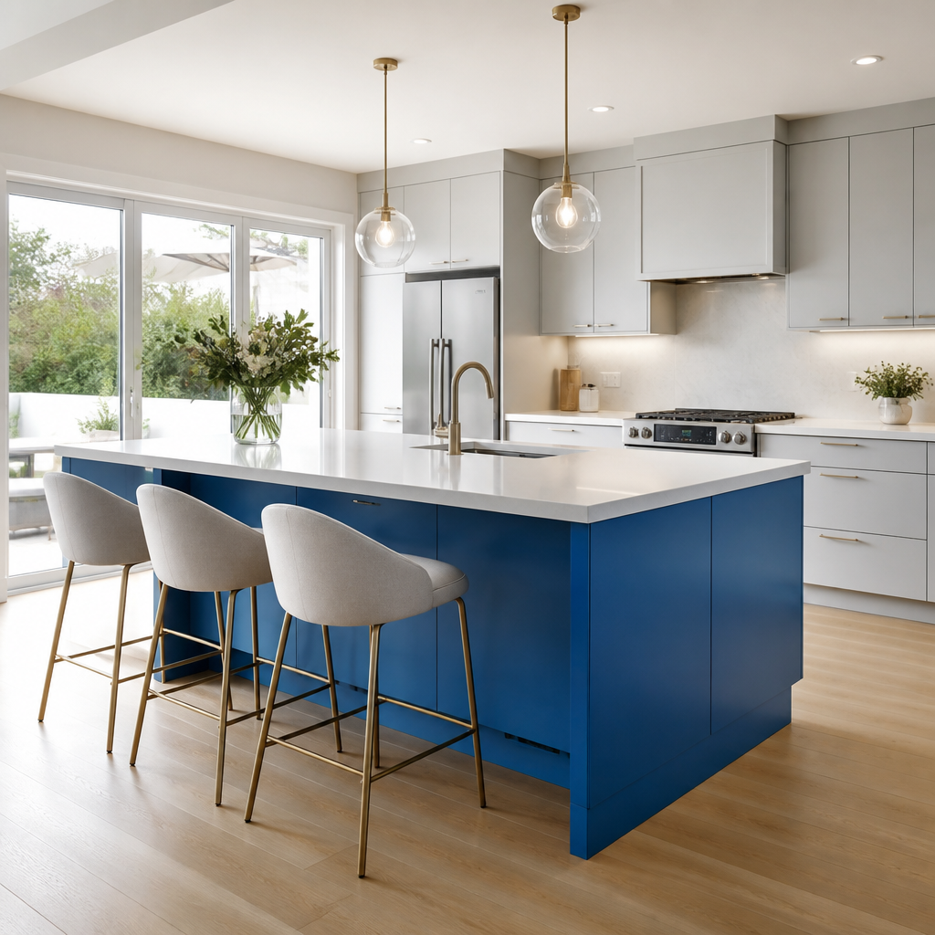 Cuisine aménagée avec îlot bleu, plans blancs, tabourets et luminaires suspendus