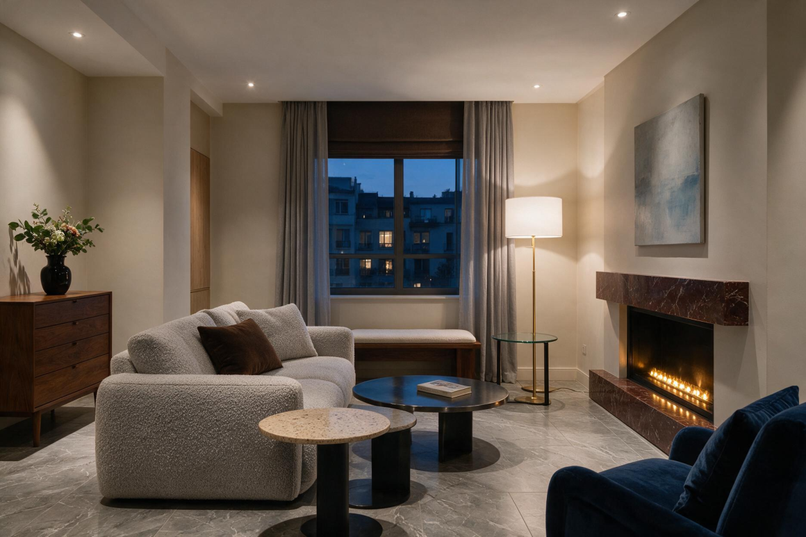 Canapé bouclette placé au centre d'un petit salon avec tables basses, lampe sur pied et cheminée